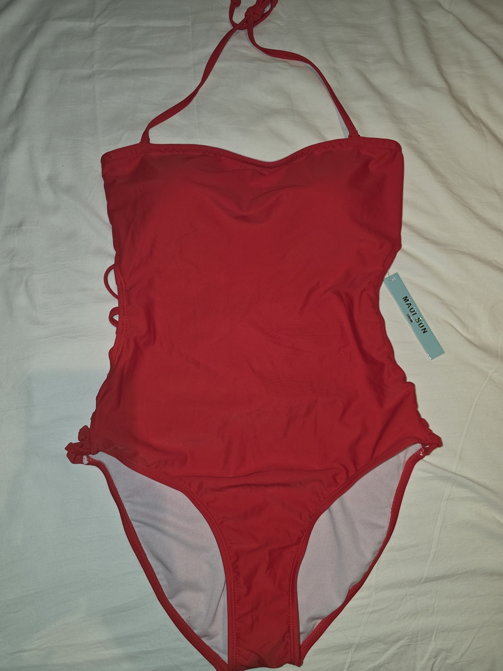 Red Halter One-Piece Swimsuit with Back Lace-Up